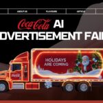 An illuminated Coca-Cola AI advertisement fail featuring a festive red truck decorated with Christmas lights and a "HOLIDAYS ARE COMING" graphic showing Santa Claus, against a dark, warm-toned background.