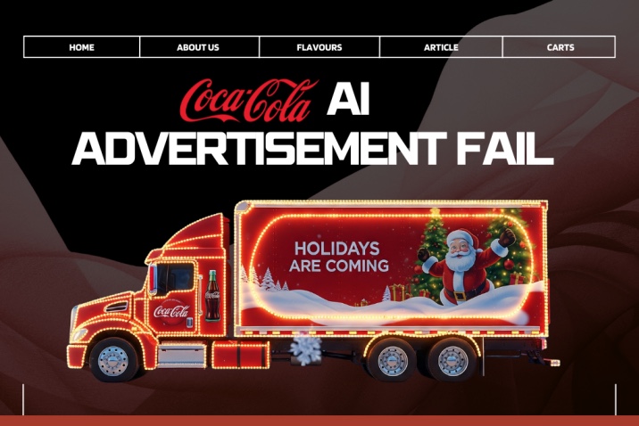 An illuminated Coca-Cola AI advertisement fail featuring a festive red truck decorated with Christmas lights and a "HOLIDAYS ARE COMING" graphic showing Santa Claus, against a dark, warm-toned background.