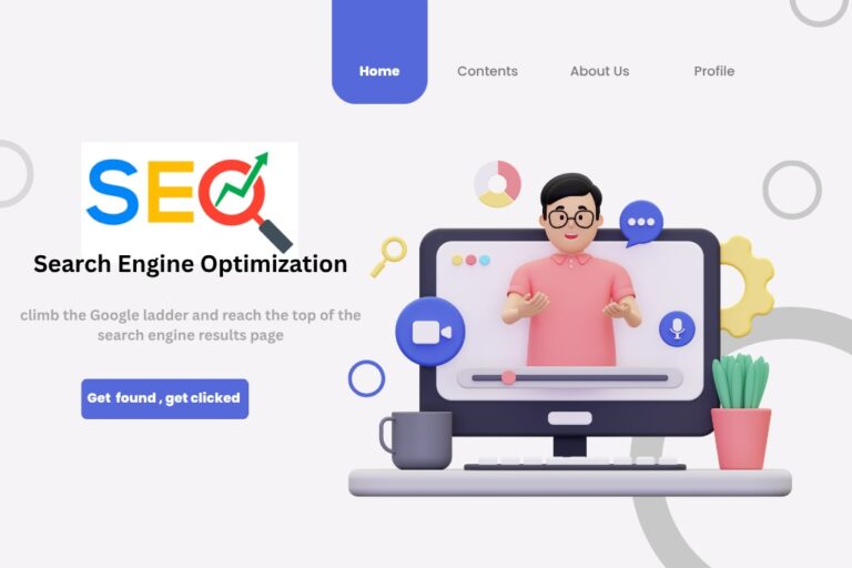 Illustration of SEO for beginners concepts with a man on a computer screen and a magnifying glass over the letters SEO, helping you climb the Google ladder