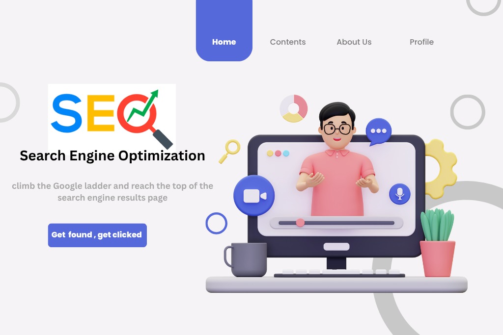 Illustration of SEO for beginners concepts with a man on a computer screen and a magnifying glass over the letters SEO, helping you climb the Google ladder