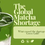 Visual representation of the global matcha shortage crisis, featuring a refreshing iced matcha drink and text prompting inquiry into the causes of the 'Green Gold' scarcity