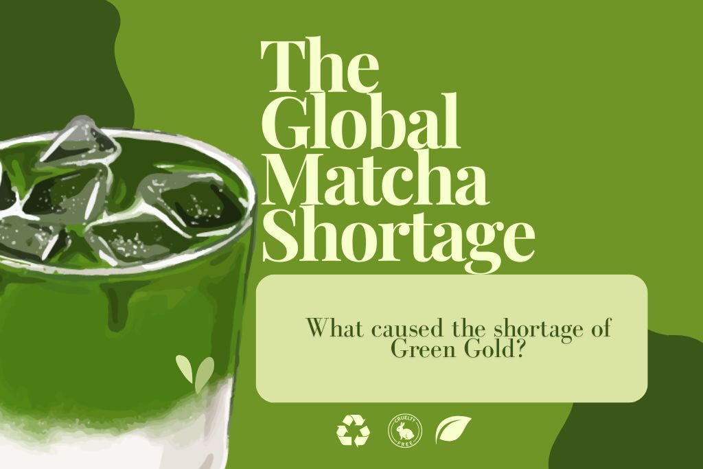 Visual representation of the global matcha shortage crisis, featuring a refreshing iced matcha drink and text prompting inquiry into the causes of the 'Green Gold' scarcity