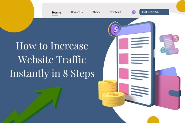 An illustration showing how to increase website traffic, featuring a smartphone displaying content, stacks of coins, and a prominent green upward-trending arrow symbolizing growth and revenue