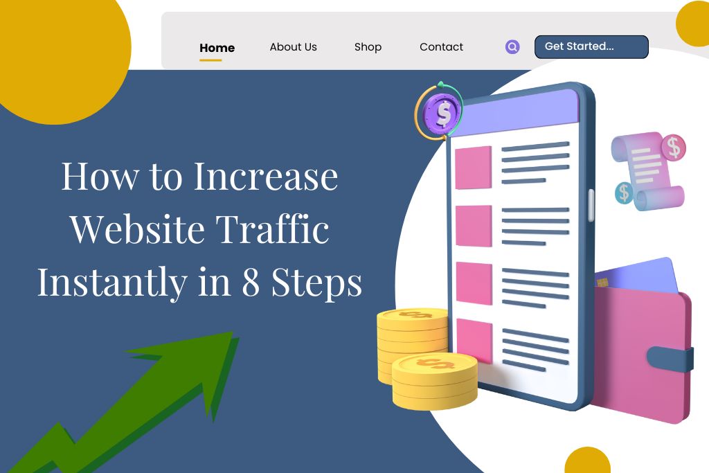An illustration showing how to increase website traffic, featuring a smartphone displaying content, stacks of coins, and a prominent green upward-trending arrow symbolizing growth and revenue