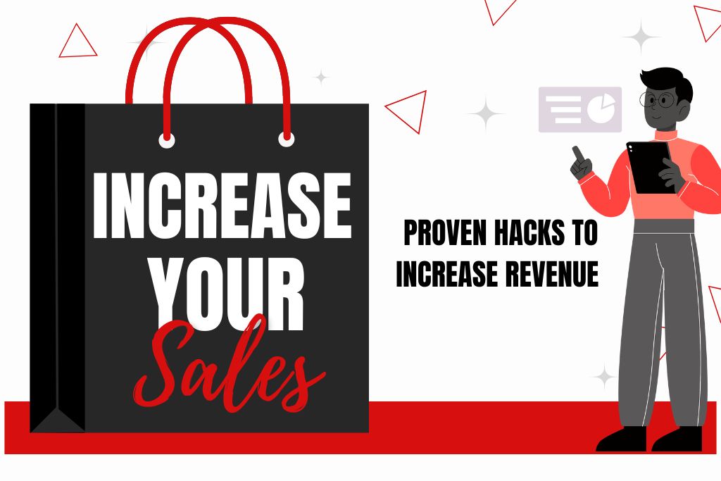 An illustration about boosting business sales and revenue, featuring a large shopping bag, and a marketer analyzing charts on a tablet, suggesting proven growth hacks