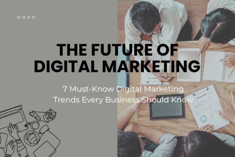 Top-down view of a business meeting discussing digital marketing trends, with text 'The Future of Digital Marketing' and '7 Must-Know Digital Marketing Trends Every Business Should Know