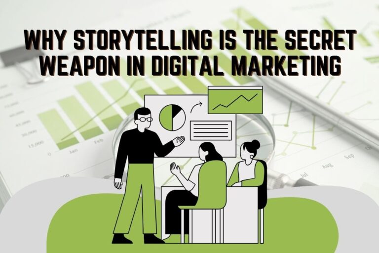A visual emphasizing the power of storytelling in digital marketing, showing strategic planning and data analysis for business growth