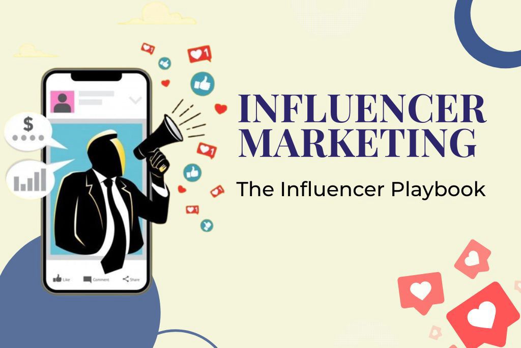 An illustration representing influencer marketing, showing a figure with a megaphone on a smartphone screen, surrounded by like and heart icons, symbolizing reach and engagement
